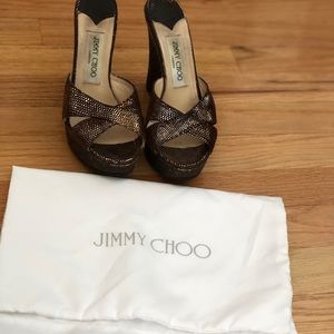 Jimmy Choo Brown Gold-Fleck Cork Wedges